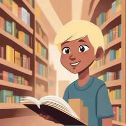 An 8-year-old indigenous boy with fair skin, yellow eyes, and blonde hair asking for a book in a bookstore