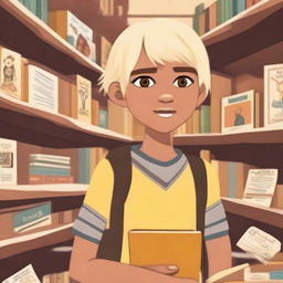 An 8-year-old indigenous boy with fair skin, yellow eyes, and blonde hair asking for a book in a bookstore