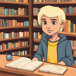 An 8-year-old indigenous boy with fair skin, yellow eyes, and blonde hair asking for a book in a bookstore