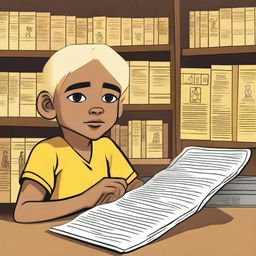 An indigenous boy with fair skin, yellow eyes, and blonde hair asking for a book through a poster