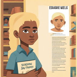 An indigenous boy with fair skin, yellow eyes, and blonde hair asking for a book through a poster