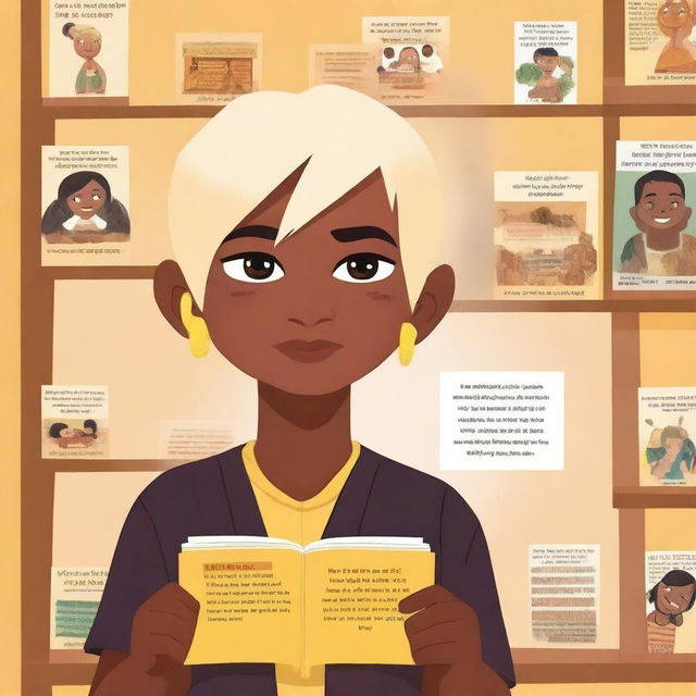 An indigenous boy with fair skin, yellow eyes, and blonde hair asking for a book through a poster