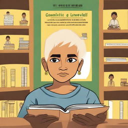 An indigenous boy with fair skin, yellow eyes, and blonde hair asking for a book through a poster