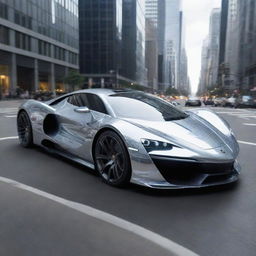 A futuristic supercar gleaming with advanced technology in a gorgeous metallic finish zooming across a polished, ultra-modern cityscape.