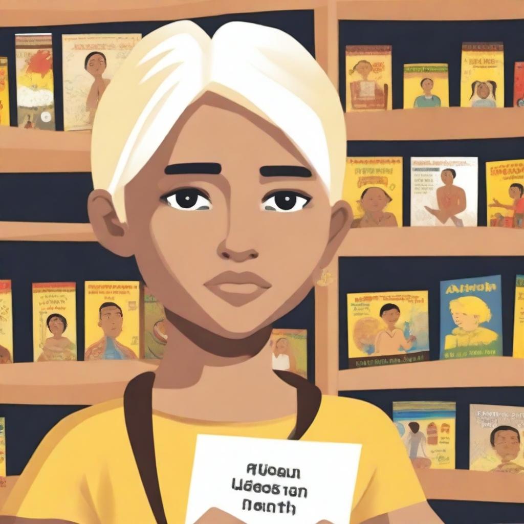 An indigenous boy with white skin, yellow eyes, and blonde hair asking for a book through a poster