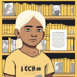 An indigenous boy with white skin, yellow eyes, and blonde hair asking for a book through a poster