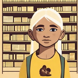 An indigenous boy with white skin, yellow eyes, and blonde hair asking for a book through a poster