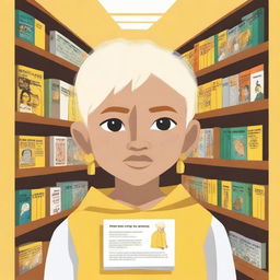 An indigenous boy with white skin, yellow eyes, and blonde hair asking for a book through a poster