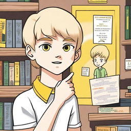 A white-skinned boy with yellow eyes and blonde hair asking for a book through a poster