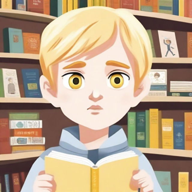 A white-skinned boy with yellow eyes and blonde hair asking for a book through a poster