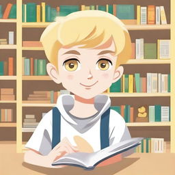 A white-skinned boy with yellow eyes and blonde hair asking for a book through a poster