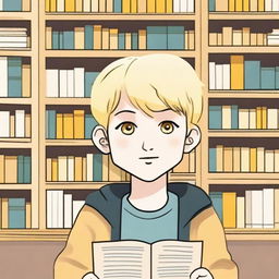 A white-skinned boy with yellow eyes and blonde hair asking for a book through a poster