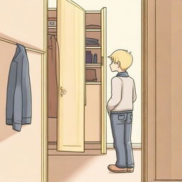 A white-skinned boy with yellow eyes and blonde hair is standing with his back turned, contemplating entering a wardrobe