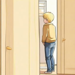 A white-skinned boy with yellow eyes and blonde hair is standing with his back turned, contemplating entering a wardrobe