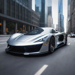 A futuristic supercar gleaming with advanced technology in a gorgeous metallic finish zooming across a polished, ultra-modern cityscape.