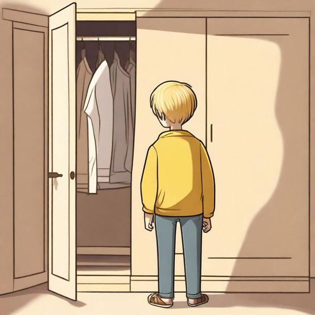 A white-skinned boy with yellow eyes and blonde hair is standing with his back turned, contemplating entering a wardrobe