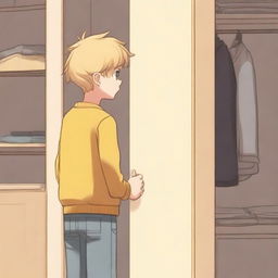 A white-skinned boy with yellow eyes and blonde hair is standing with his back turned, contemplating entering a wardrobe