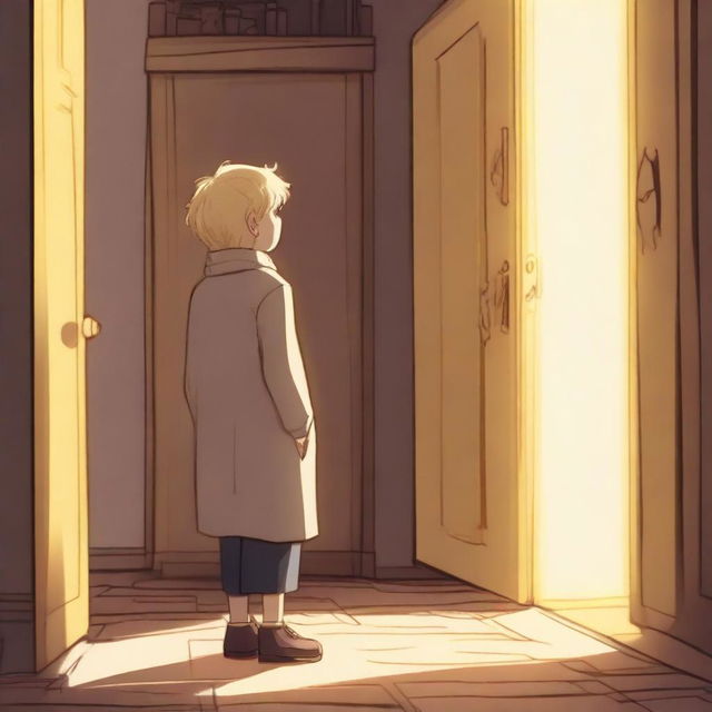 A white-skinned boy with yellow eyes and blonde hair is standing with his back turned, contemplating entering a magical wardrobe