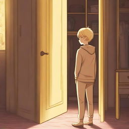 A white-skinned boy with yellow eyes and blonde hair is standing with his back turned, contemplating entering a magical wardrobe