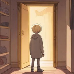 A white-skinned boy with yellow eyes and blonde hair is standing with his back turned, contemplating entering a magical wardrobe