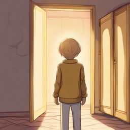 A white-skinned boy with yellow eyes and blonde hair is standing with his back turned, contemplating entering a magical wardrobe