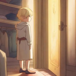 A white-skinned boy with yellow eyes and blonde hair is standing with his back turned, trying to enter a magical wardrobe