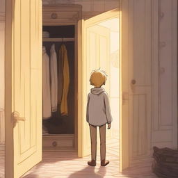 A white-skinned boy with yellow eyes and blonde hair is standing with his back turned, trying to enter a magical wardrobe