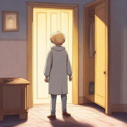 A white-skinned boy with yellow eyes and blonde hair is standing with his back turned, trying to enter a magical wardrobe