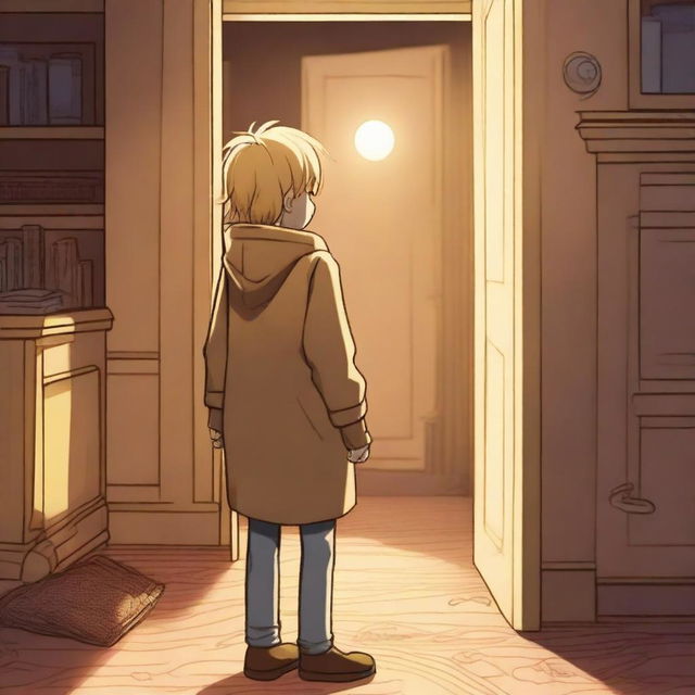 A white-skinned boy with yellow eyes and blonde hair is standing with his back turned, trying to enter a magical wardrobe