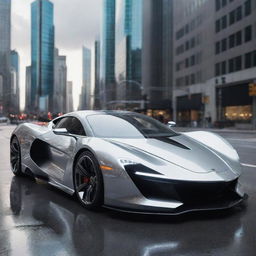 A futuristic supercar gleaming with advanced technology in a gorgeous metallic finish zooming across a polished, ultra-modern cityscape.