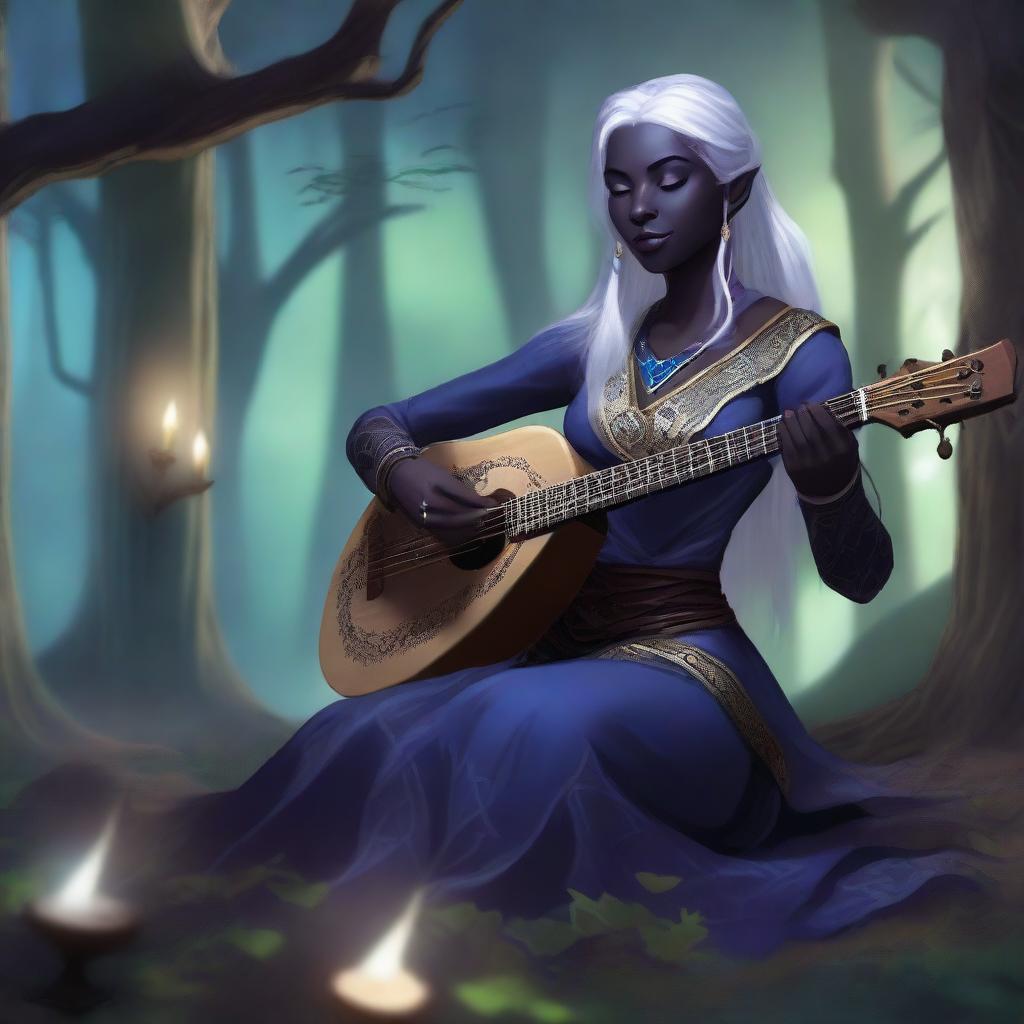 A female drow bard from Dungeons and Dragons, playing a lute in a mystical forest setting