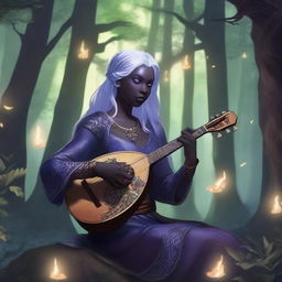 A female drow bard from Dungeons and Dragons, playing a lute in a mystical forest setting