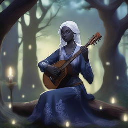 A female drow bard from Dungeons and Dragons, playing a lute in a mystical forest setting