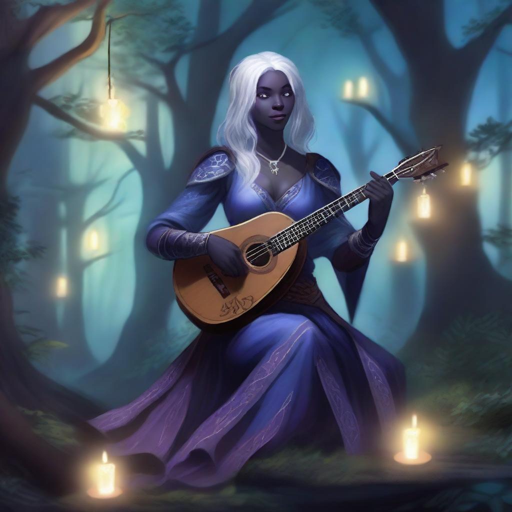 A female drow bard from Dungeons and Dragons, playing a lute in a mystical forest setting