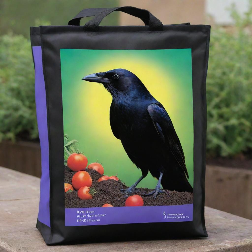 Imagine a dark, sleek crow, perched proudly on a bulging bag of fertilizer. Its bright eyes pierce the surroundings while its iridescent feathers contrast beautifully with the vivid graphics of the fertilizer bag.