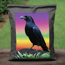 Imagine a dark, sleek crow, perched proudly on a bulging bag of fertilizer. Its bright eyes pierce the surroundings while its iridescent feathers contrast beautifully with the vivid graphics of the fertilizer bag.