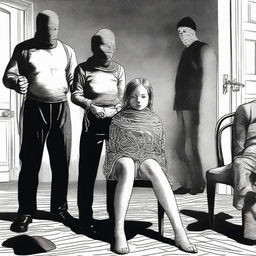 A girl sitting on a chair tied with rope, while four burglars wearing masks stand behind her