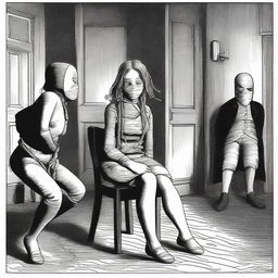 A girl sitting on a chair tied with rope, while four burglars wearing masks stand behind her