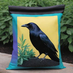 Imagine a dark, sleek crow, perched proudly on a bulging bag of fertilizer. Its bright eyes pierce the surroundings while its iridescent feathers contrast beautifully with the vivid graphics of the fertilizer bag.