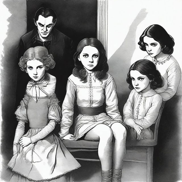 A girl with half her face appearing as a vampire and the other half looking innocent, sitting on a chair tied with rope