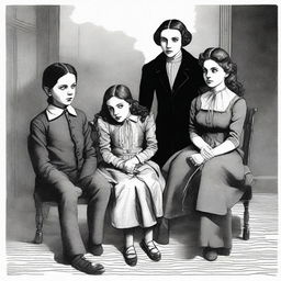 A girl with half her face appearing as a vampire and the other half looking innocent, sitting on a chair tied with rope