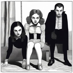 A girl with half her face appearing as a vampire and the other half looking innocent, sitting on a chair tied with rope