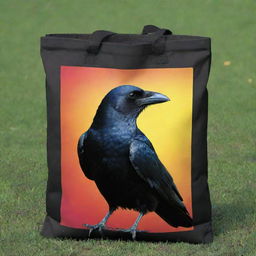 Visualize a glossy crow, perched serenely on a vibrant bag of fertilizer. Its piercing eyes survey the surroundings, while its jet-black feathers starkly contrast the bright, colorful design of the fertilizer bag.