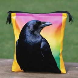 Visualize a glossy crow, perched serenely on a vibrant bag of fertilizer. Its piercing eyes survey the surroundings, while its jet-black feathers starkly contrast the bright, colorful design of the fertilizer bag.