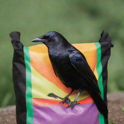 Visualize a glossy crow, perched serenely on a vibrant bag of fertilizer. Its piercing eyes survey the surroundings, while its jet-black feathers starkly contrast the bright, colorful design of the fertilizer bag.