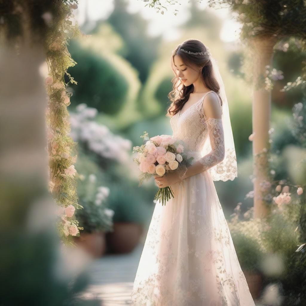 A shy bride in a delicate, see-through wedding dress, standing in a beautifully decorated garden