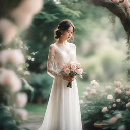 A shy bride in a delicate, see-through wedding dress, standing in a beautifully decorated garden