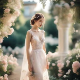 A shy bride in a delicate, see-through wedding dress, standing in a beautifully decorated garden