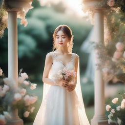 A shy bride in a delicate, see-through wedding dress, standing in a beautifully decorated garden