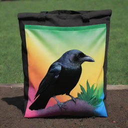 Visualize a glossy crow, perched serenely on a vibrant bag of fertilizer. Its piercing eyes survey the surroundings, while its jet-black feathers starkly contrast the bright, colorful design of the fertilizer bag.